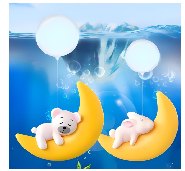 2 Pcs Yellow Floating Half Moon Sleeping Pet Aquarium Toys – Mini Fish Tank Cute Decoration, Miniature Resin Decors (Rabbit)