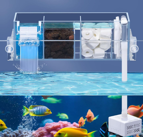 (GD-16|5W|300L/Hr)Transparent Acrylic Multi Layer Top Sump Filter Box with Pump & Filter Pad, Bio Wheel