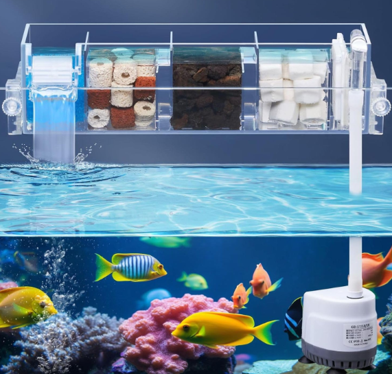 GD-17|5W|300L/H Transparent Acrylic Multi Layer Top Sump Filter Box with Pump & Filter Pad, Bio Wheel